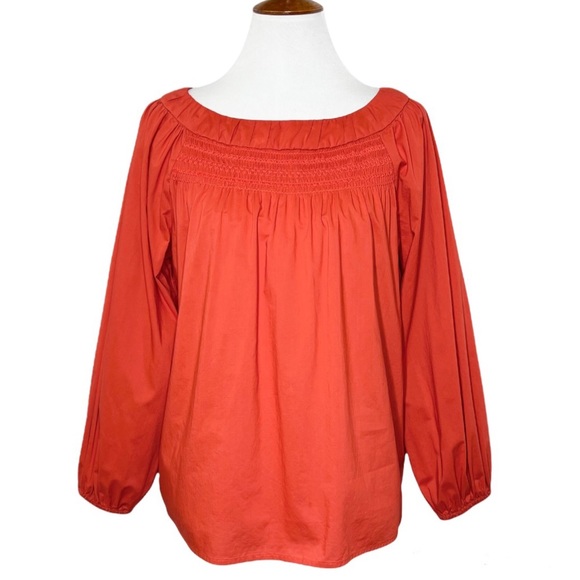 SOLD-Anthropologie Smocked Embroidered Coral Red Peasant Blouse - Picture 2 of 9